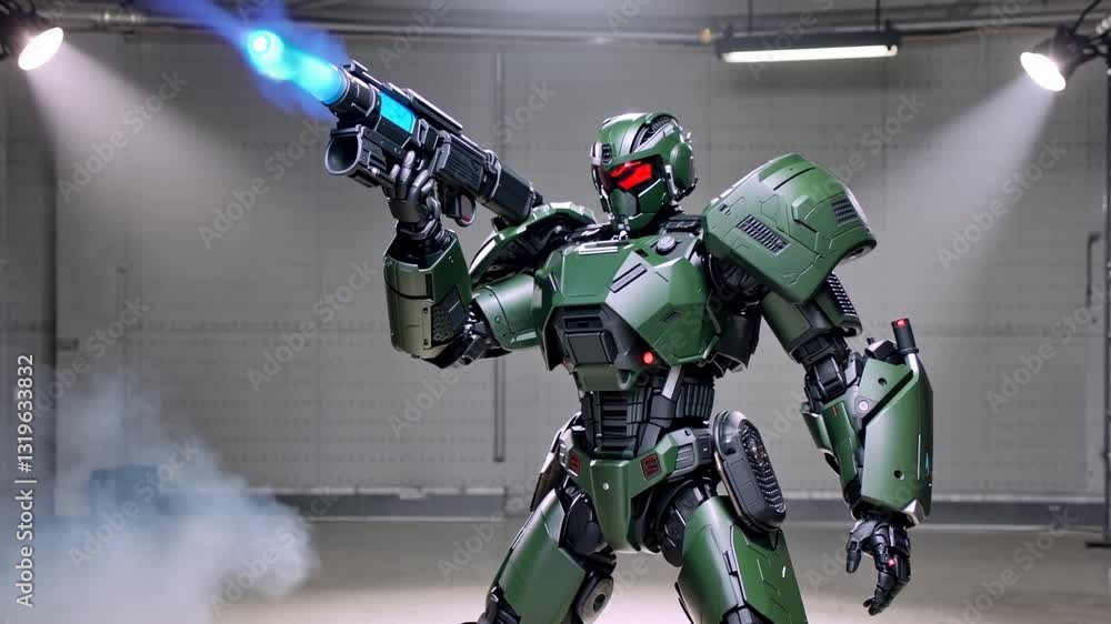 Futuristic combat robot standing in a high-tech environment. Futuristic combat robot standing in a high-tech environment.