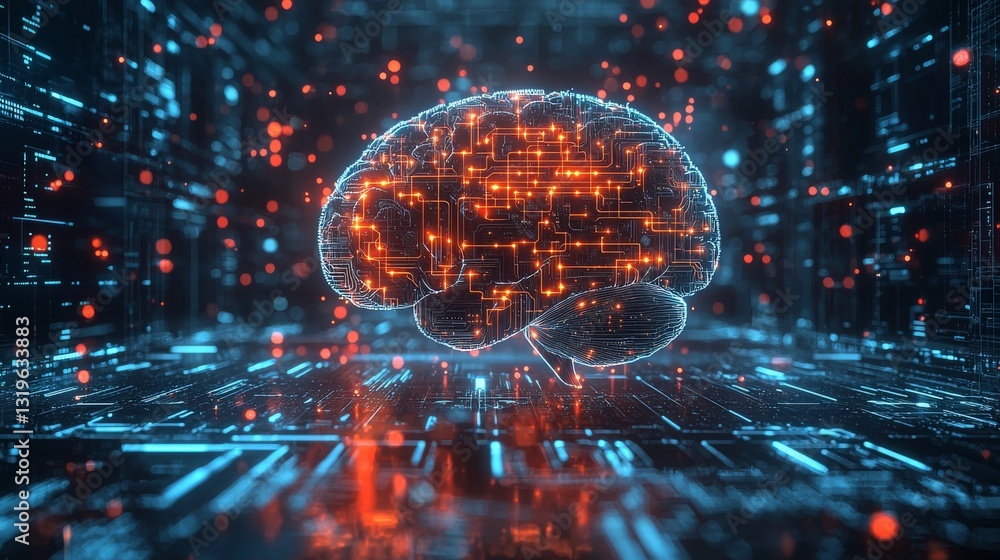 Futuristic Digital Brain with Glowing Connections in Cybernetic Environment Futuristic Digital Brain with Glowing Connections in Cybernetic Environment