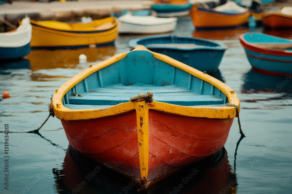 Obraz premium Colorful traditional maltese fishing boat floating on calm water