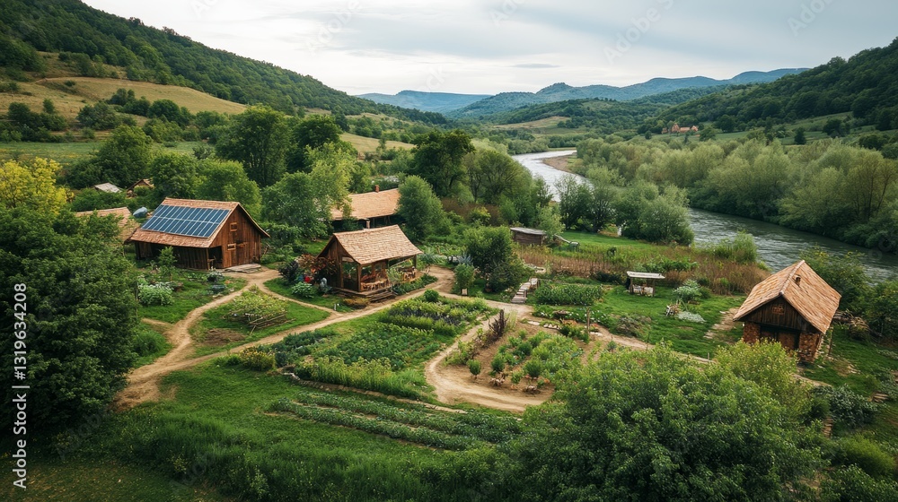 Rustic Farmstead Surrounded by Lush Greenery with Solar Panels and River in a Picturesque Valley Rustic Farmstead Surrounded by Lush Greenery with Solar Panels and River in a Picturesque Valley