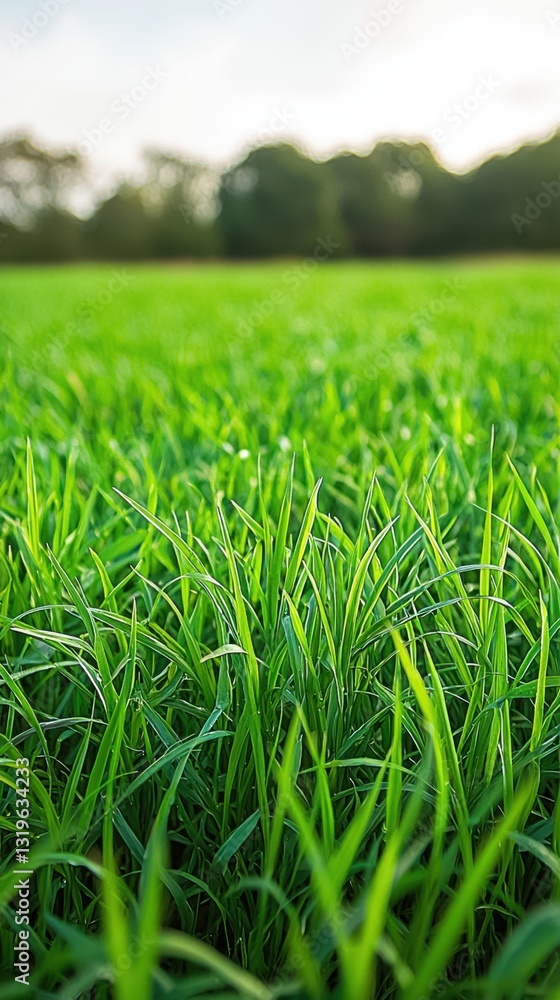 Lush green field of grass stretching into the horizon under a bright blue sky on a sunny day Lush green field of grass stretching into the horizon under a bright blue sky on a sunny day