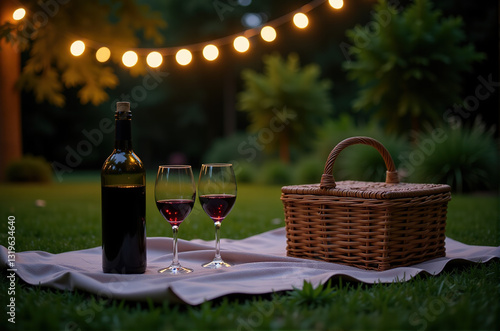 Romantic picnic scene at dusk with a bottle of red wine and two glasses on a blanket in a garden. photo