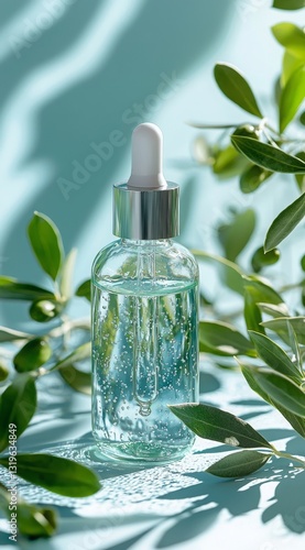 Clear Glass Bottle with Dropper and Clear Serum Surrounded by Green Leaves on a Light Surface