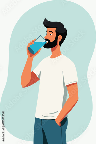 Man Refreshing Hydrated Healthy Lifestyle: Sipping Water from Glass, Active Thirsty Guy Enjoying Pure Refreshment, Fitness Wellbeing Hydration Concept Graphic