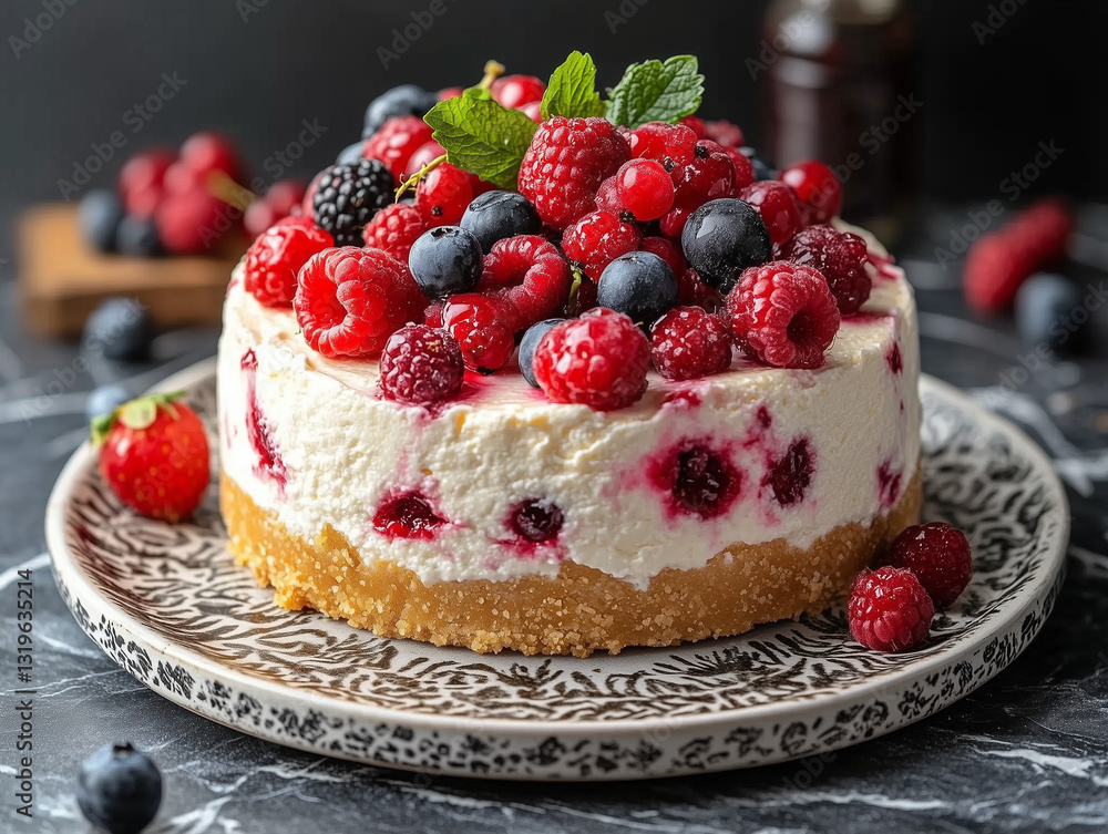 a cheesecake adorned with an assortment of fresh berries, including strawberries and raspberries. a cheesecake adorned with an assortment of fresh berries, including strawberries and raspberries.