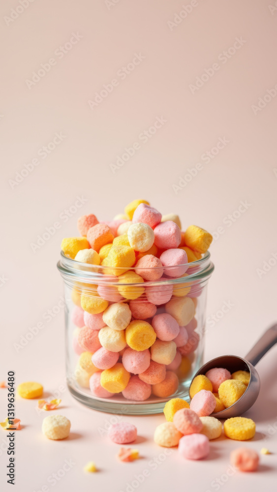 A jar filled with colorful, round, dye-free candies on a light grey background with a hint of pink at the top corner. A jar filled with colorful, round, dye-free candies on a light grey background with a hint of pink at the top corner.