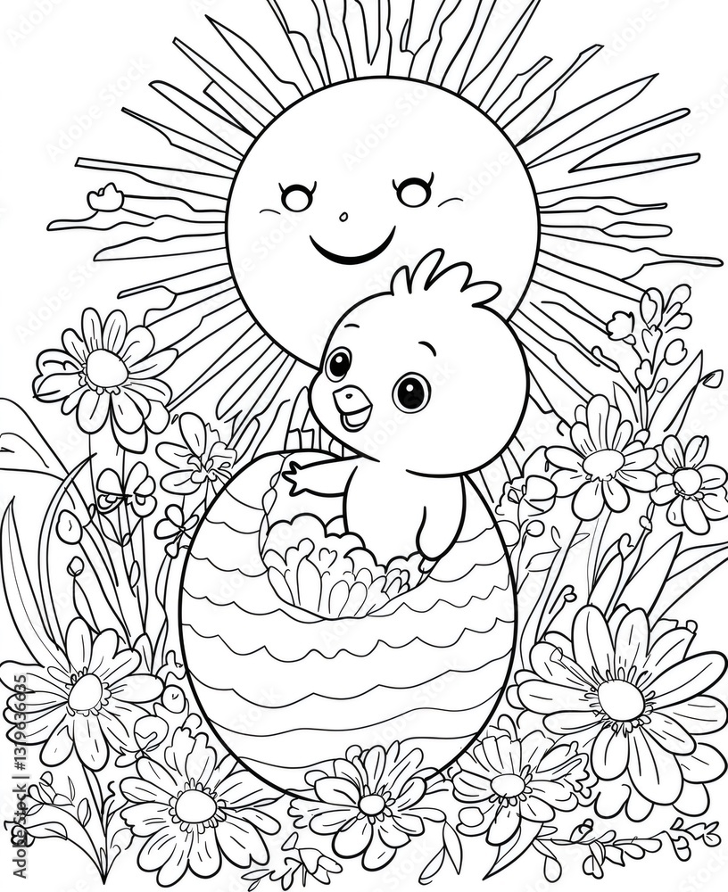 Fototapeta premium Cute chick hatching from easter egg coloring page with smiling sun and flowers. Generative ai illustrations