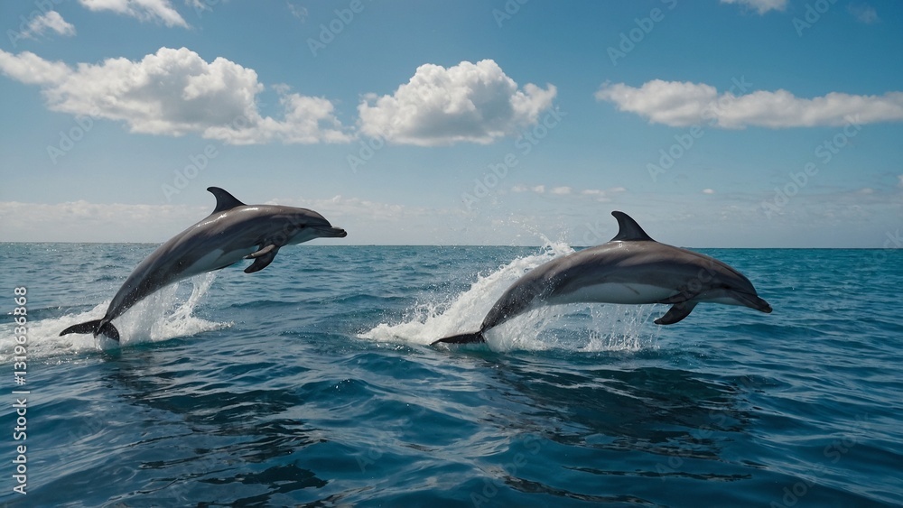 Fototapeta premium Two dolphins jumping out of the ocean against a clear blue sky with clouds