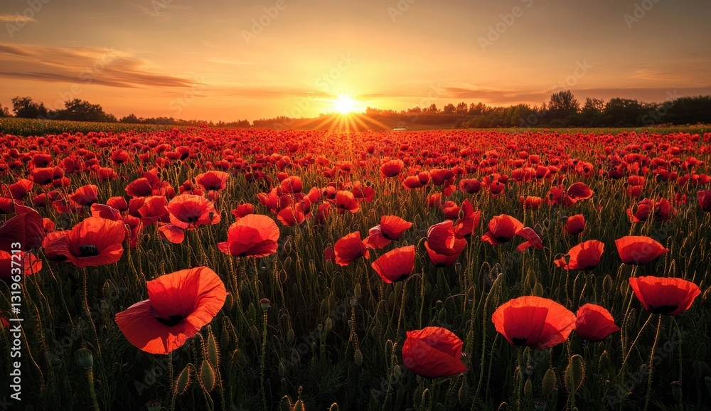 Obraz premium Expansive Field of Red Poppies Under Golden Sunrise with Soft Glowing Light Illuminating Nature's Beauty and Serenity in Spring Season