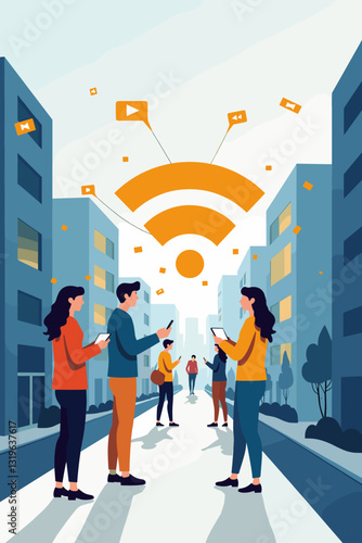 Modern Cityscape Backdrop People Connecting Online Using Wi-Fi Hotspot Social Media Engagement Communication Technology Concept Urban Lifestyle Digital Networking Graphic