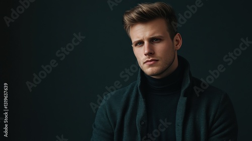 Contemplative Young Man in Stylish Dark Attire Against a Moody Background