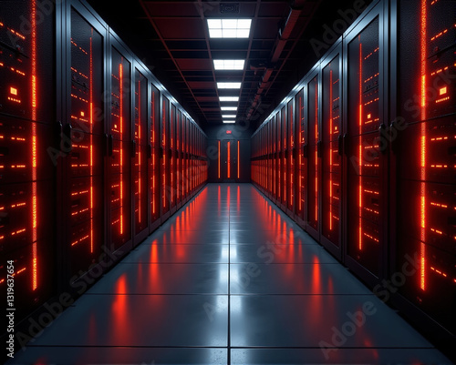 Image of a modern server room with rows of illuminated servers. Suitable for technology, business, and IT related projects. photo