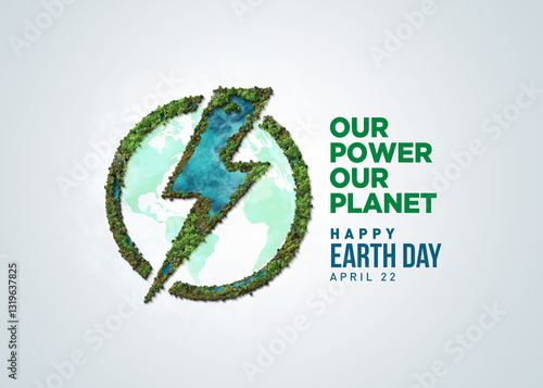Our power, our planet. Earth day 2025 3d concept background. Ecology concept. Design with 3d globe map drawing and leaves isolated on white background.
