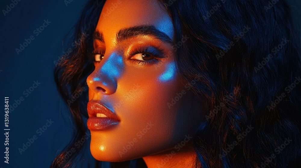 Fototapeta premium Dramatic profile of a woman with warm and cool lighting highlighting her features