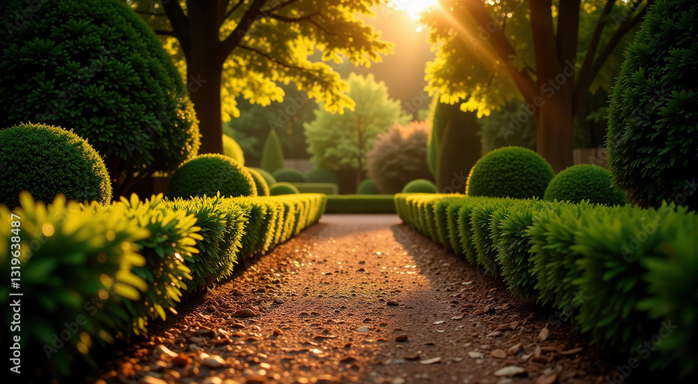 Obraz premium Sunlit path through a manicured garden with lush green shrubs and trees. Peaceful and serene atmosphere.
