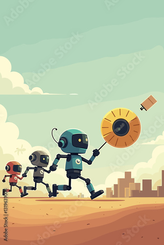 Dynamic Robot Race: Sleek Automated Leader Pushes Sphere Past Clumsy Box Robots Innovation Technology Competition Success Futuristic Automation Vector Graphic