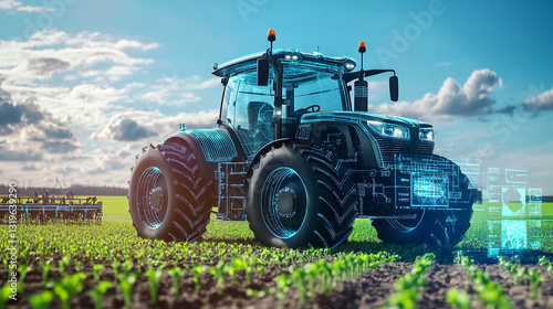 A Powerful Modern Tractor, Ready To Cultivate A Promising Harvest On A Vibrant Green Field, Showcasing Cutting-edge Technology With A Futuristic Digital Overlay