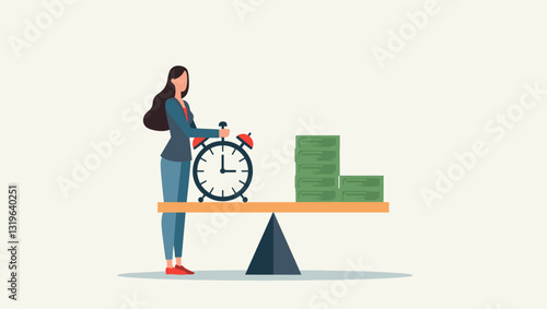 Empowered Woman Balances Work Life with Financial Success Time Management Hourly Pay Rate Achievement Professional Growth Freelance Lifestyle Modern Office Setting Vector