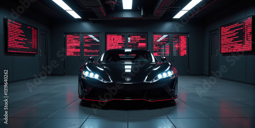 Sleek black supercar in a modern garage with red digital displays. Perfect for automotive, technology, and luxury concepts.