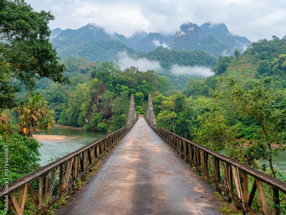 Serene Bridge Over River with Lush Green Mountains in Background Serene Bridge Over River with Lush Green Mountains in Background