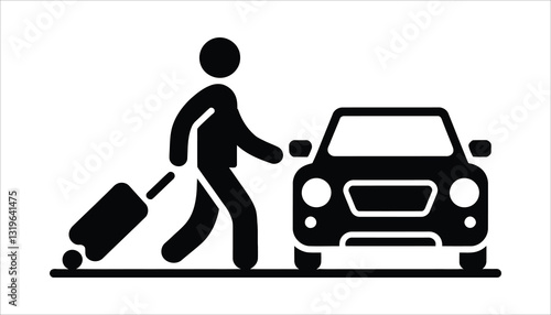Airport Pickup Icon . Traveler with Luggage and Car. Transportation Symbol Vector.