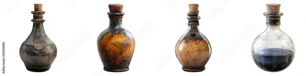 Old potion bottle Isolated on transparent background, PNG, Set of Old potion bottle Isolated on transparent background, PNG, Set of