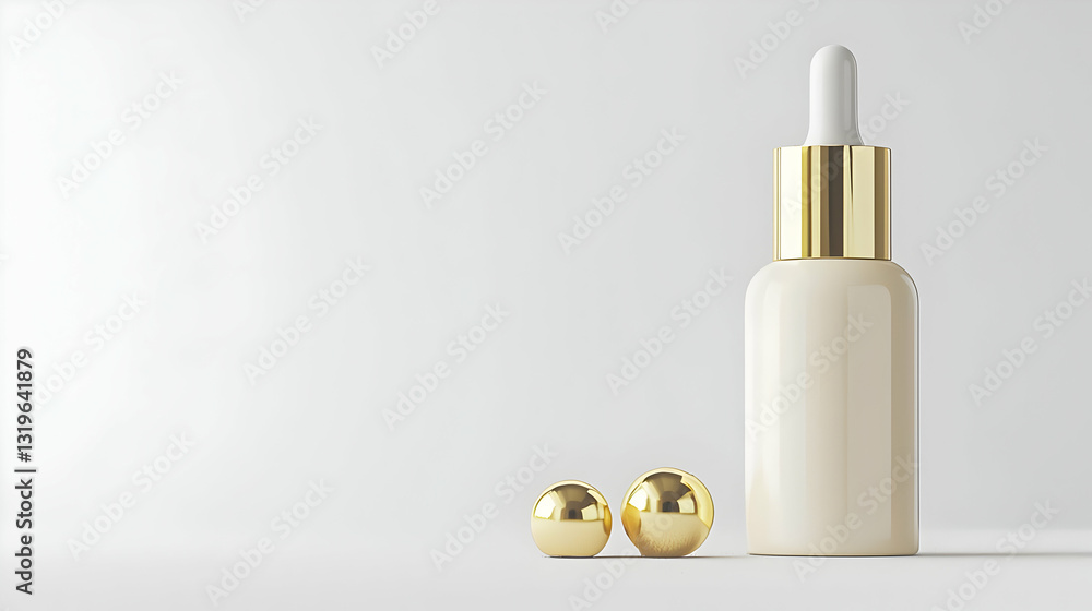 Naklejka premium Luxury Cosmetic Product White Bottle Golden Cap Dropper Two Golden Spheres Bright White Backdrop Elegant Minimalist Skincare