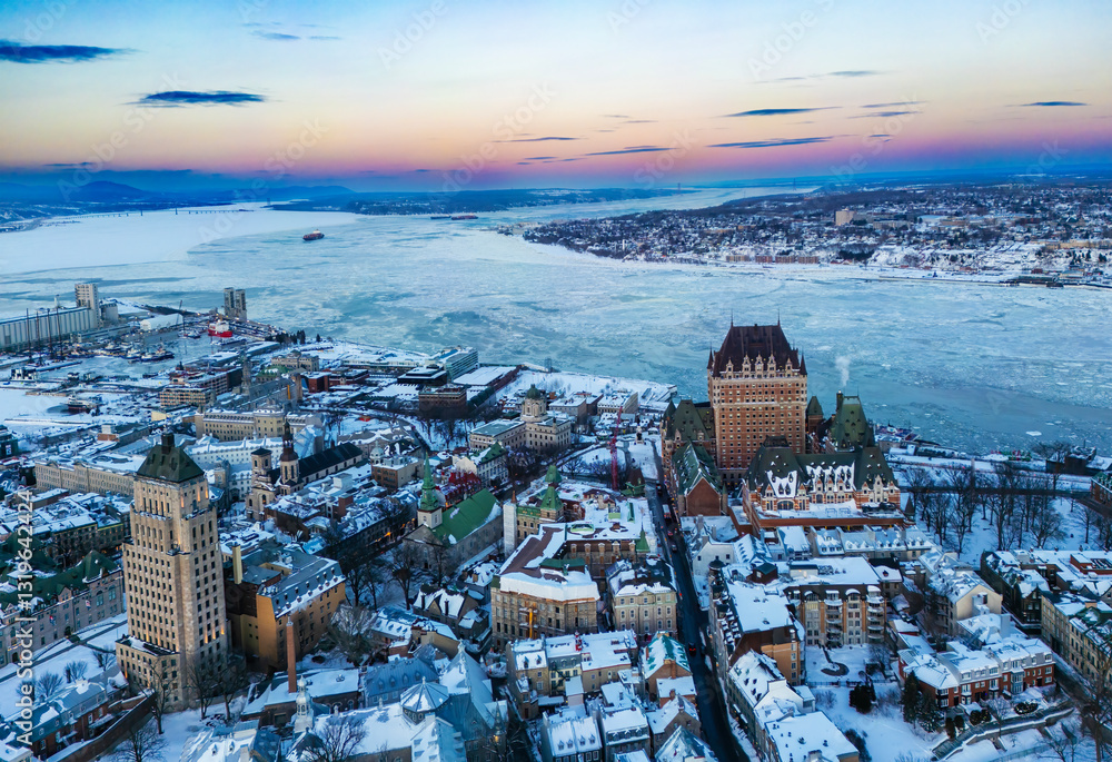 Quebec City, aerial view at blue hour