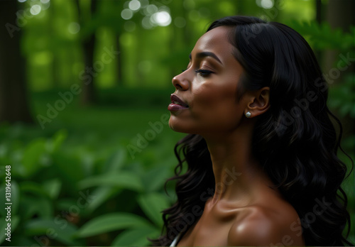 Serene young Black woman with long curly hair in a lush green forest. Peaceful profile portrait.