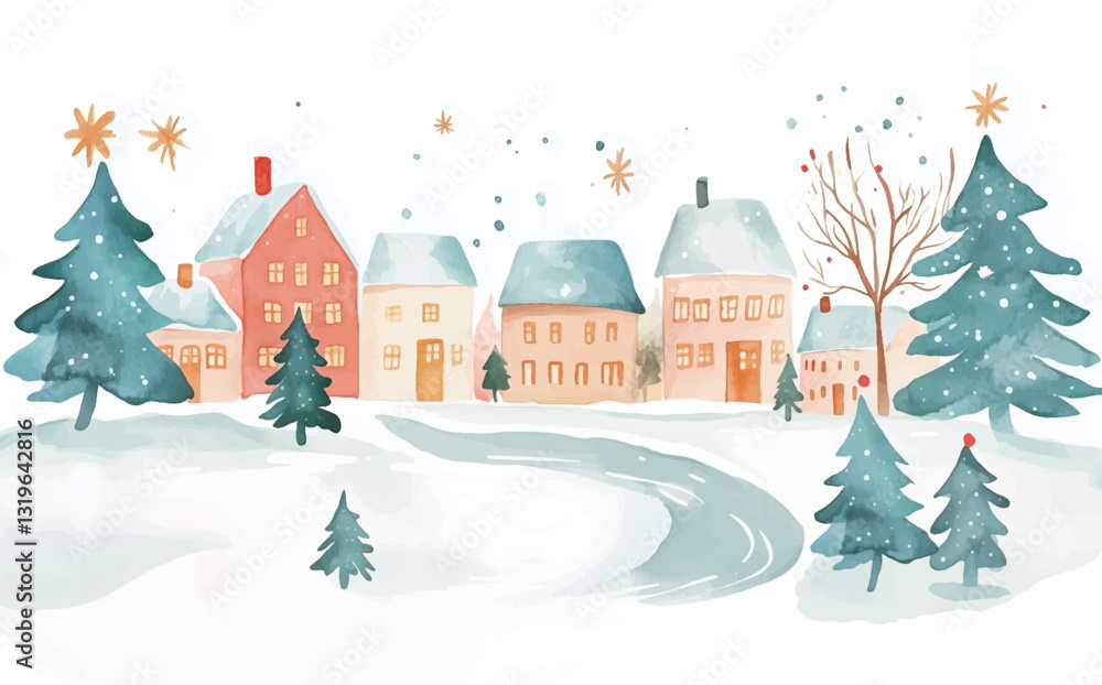 Naklejka premium background of Christmas village hand-drawn watercolour style