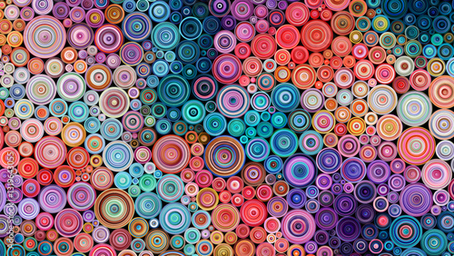Colorful paper quilling art. Lively background with rolled paper made from twisted strips. Vibrant circles created using the quilling technique. Paper filigree hobby concept. Vector illustration