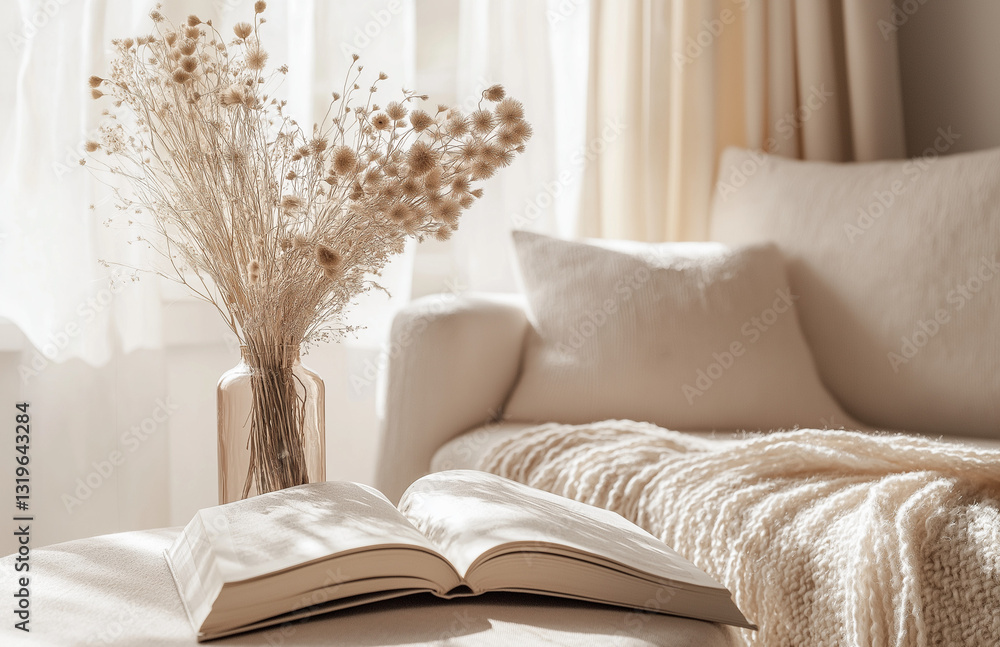 Fototapeta premium Cozy boho living room with a blanket and books on the sofa, soft lighting, dried flowers, and natural decor in pastel beige tones. Scandinavian hygge vibe