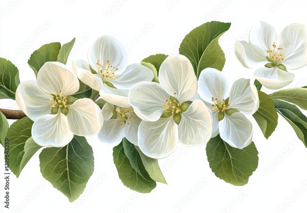 Delicate White Flowering Branch with Fresh Green Leaves and Vibrant Blossoms in Spring Delicate White Flowering Branch with Fresh Green Leaves and Vibrant Blossoms in Spring