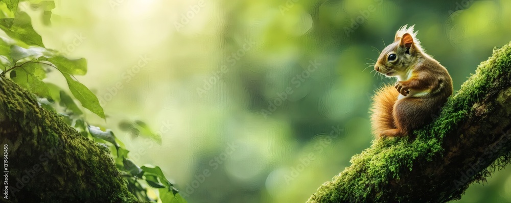 A small furry squirrel perched on a mossy branch in the sunlight A small furry squirrel perched on a mossy branch in the sunlight