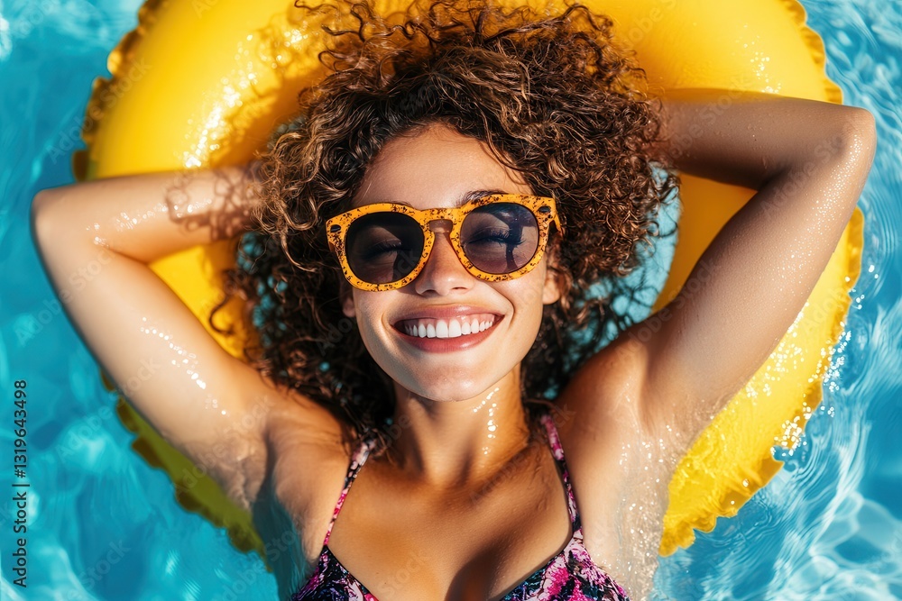 Smiling Woman Relaxing on a Yellow Float in a Pool