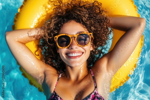 Obraz na płótnie Smiling Woman Relaxing on a Yellow Float in a Pool w salonie