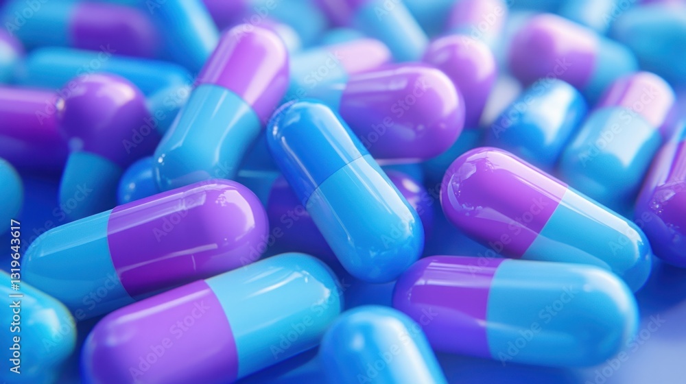 Close-up of many blue and purple capsules. Close-up of many blue and purple capsules.