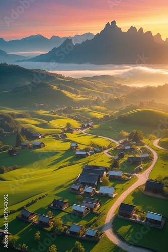 Majestic Mountain Range and Lush Green Valley at Dawn photo