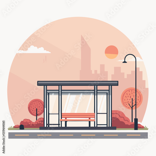 Stylized bus stop shelter with autumn trees and sunset in urban environment