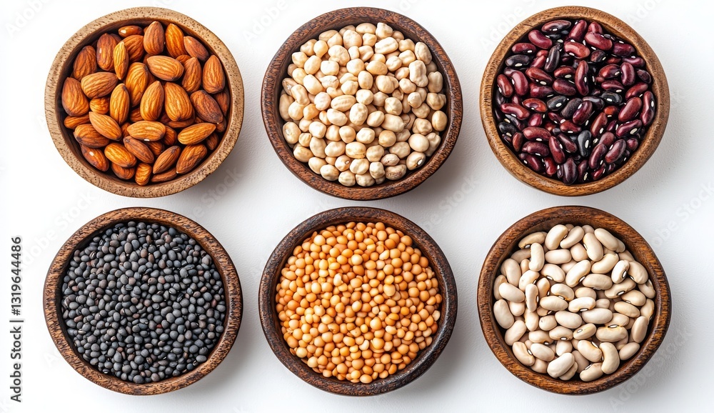 Assorted Nuts and Legumes in Wooden Bowls on a White Background for Healthy Eating Concepts Assorted Nuts and Legumes in Wooden Bowls on a White Background for Healthy Eating Concepts