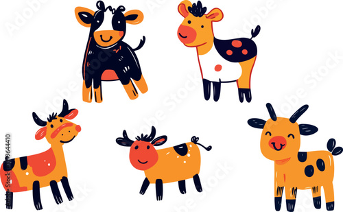 set of funny cute drawings of  cows