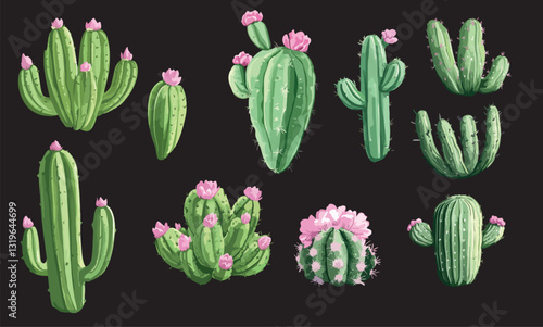 set of drawn blossoming cactus