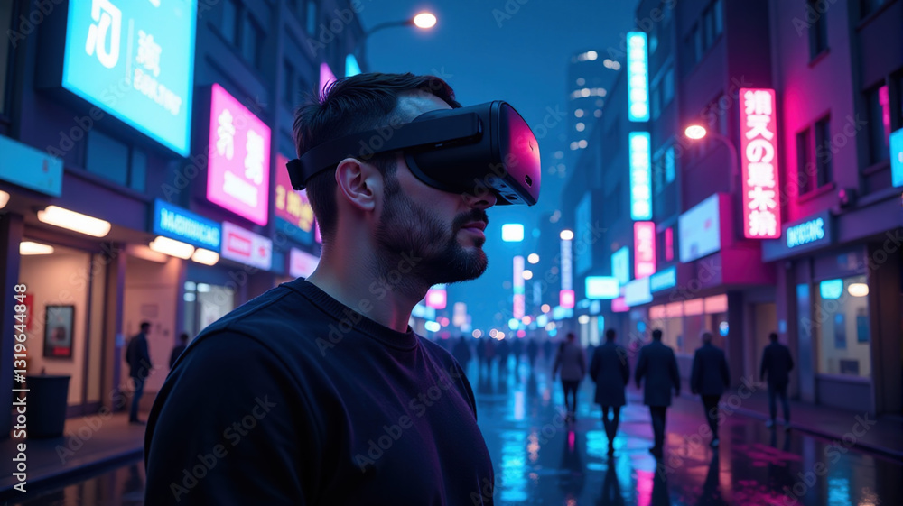 Man wearing a VR headset in a futuristic city at night. Man wearing a VR headset in a futuristic city at night.