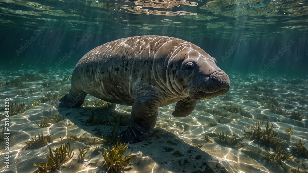 Fototapeta premium Underwater gentle giant: a manatee swims serenely through clear, sunlit waters, grazing on aquatic vegetation.