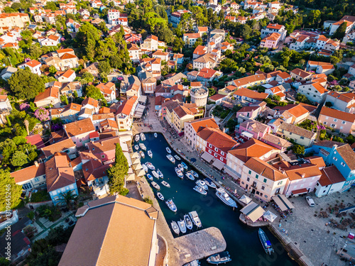 Drone view of small village of Veli Losinj on Losinj island, Croatia, famous for its colorful houses