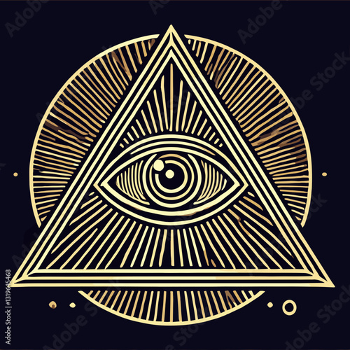 Golden eye inside a triangle with radiating lines on a dark background