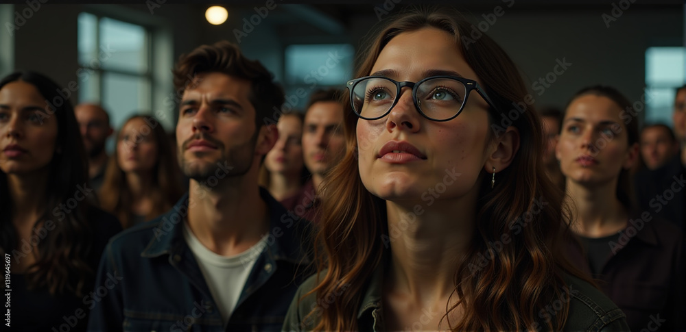 Fototapeta premium Diverse group of young adults attentively listening to a presentation indoors.
