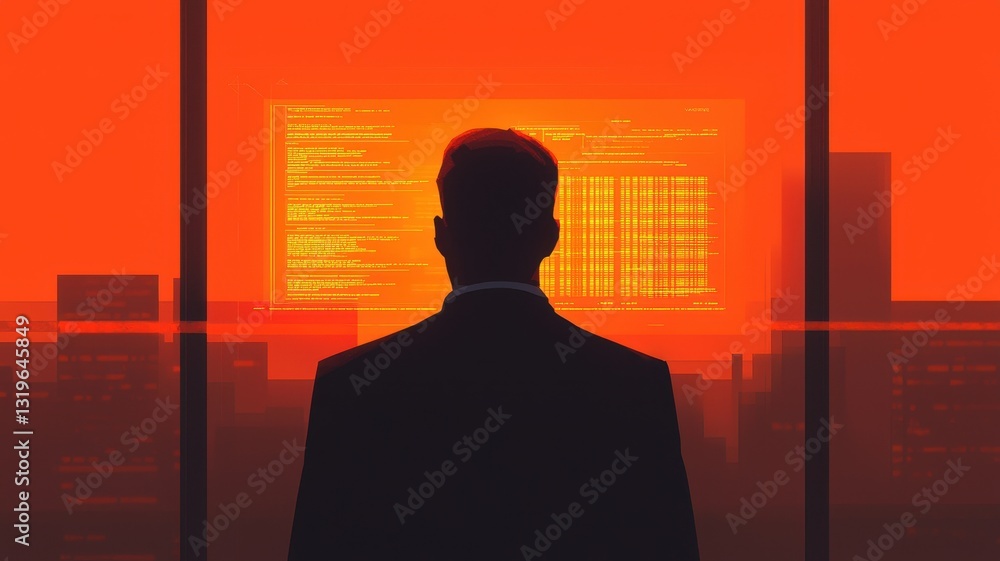 Fototapeta premium A visionary approach to business and economics. A silhouette of a man gazes at a glowing screen against a vibrant orange city backdrop.