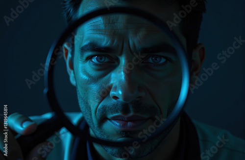 Close-up portrait of a man's intense face behind a magnifying glass, creating a mysterious and suspenseful mood. photo