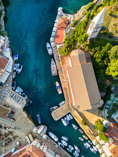 Anchored small, fishing boats in the port of small village of Veli Losinj in the northern Adriatic sea, Croatia